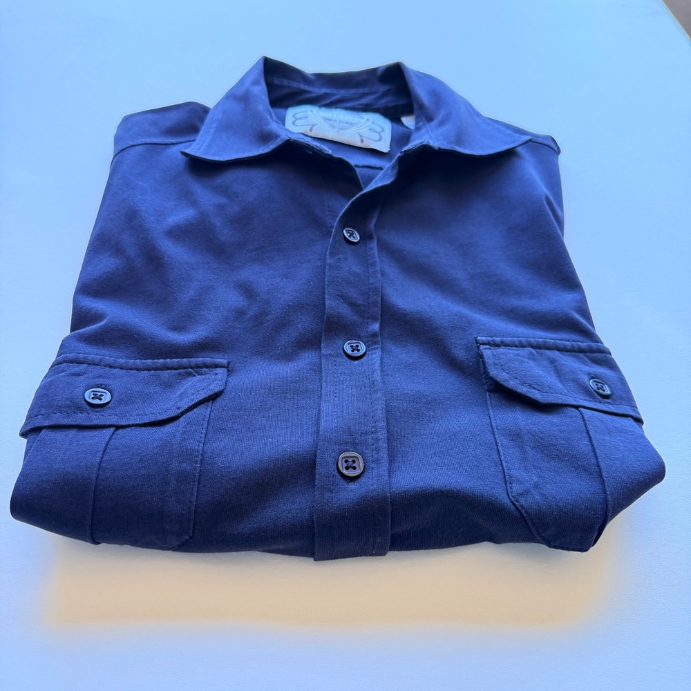 Bruno New York‎ Mens Short Sleeve Button Up Medium Navy Blue Stretch Preppy - Picture 2 of 6